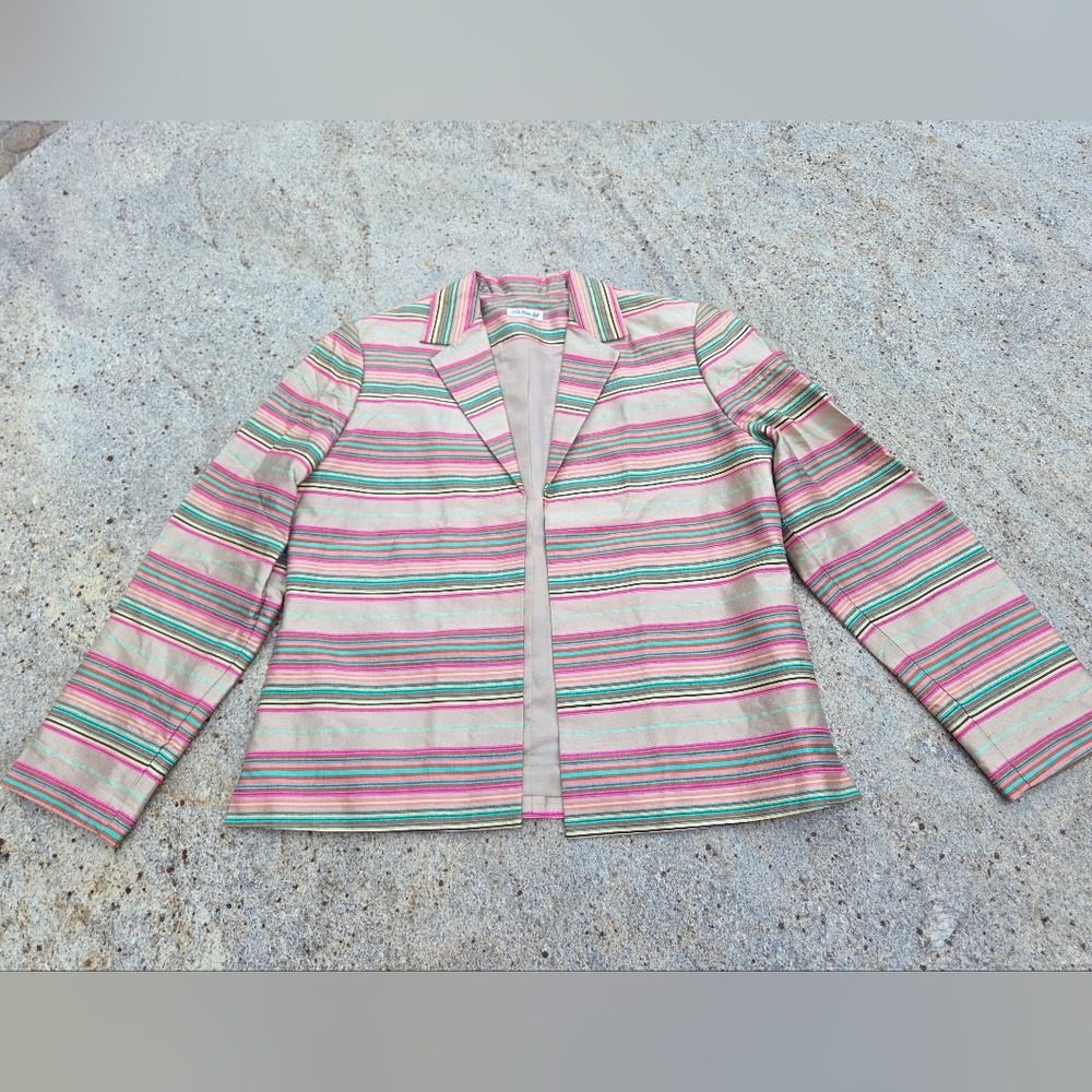 ANN MAY Vintage 100% Woven Silk Striped Blazer Jacket Size M